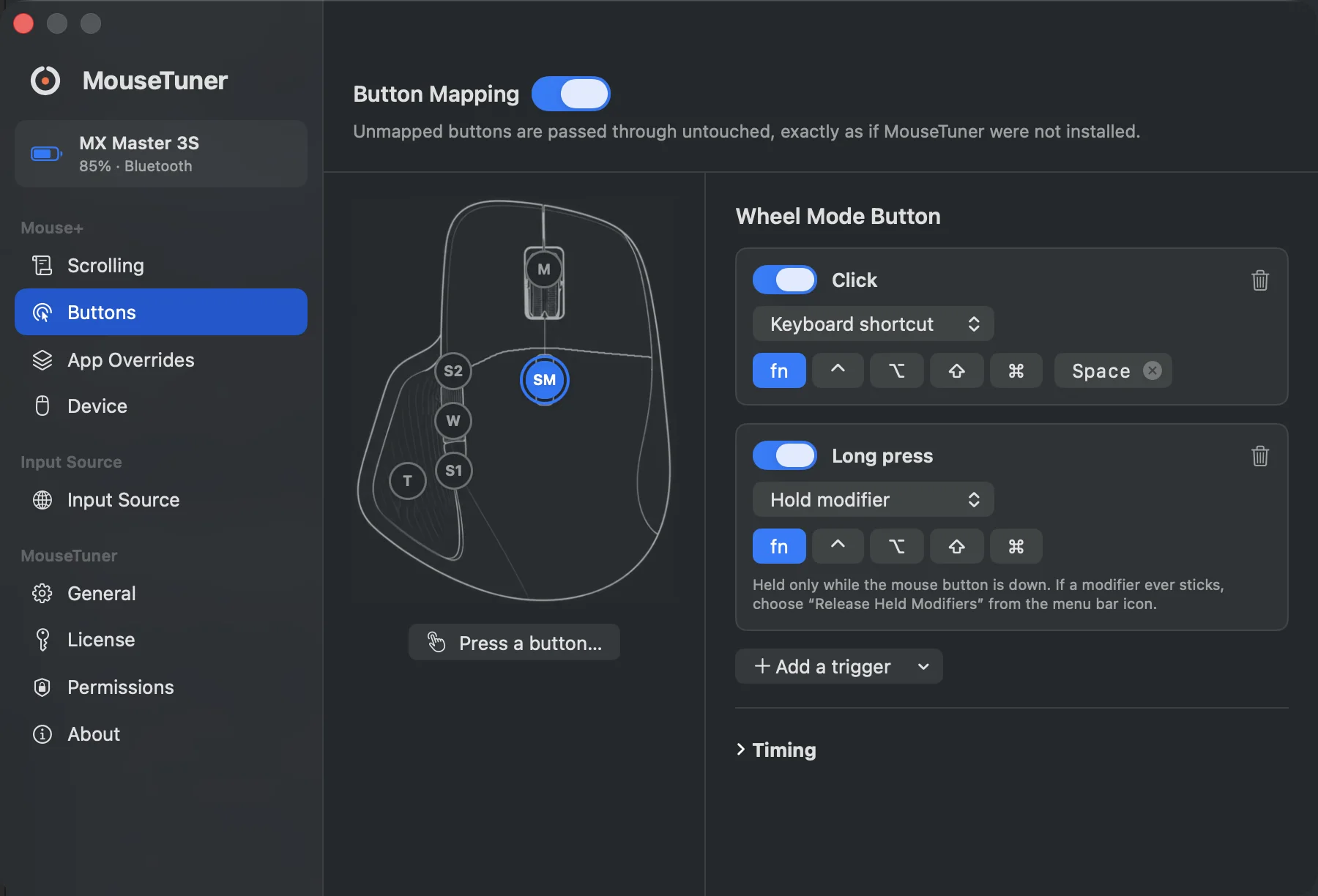 MouseTuner 的按键面板：标注了各个按键的 MX Master 示意图，一条单击映射到快捷键，一条长按映射到 Hold modifier。