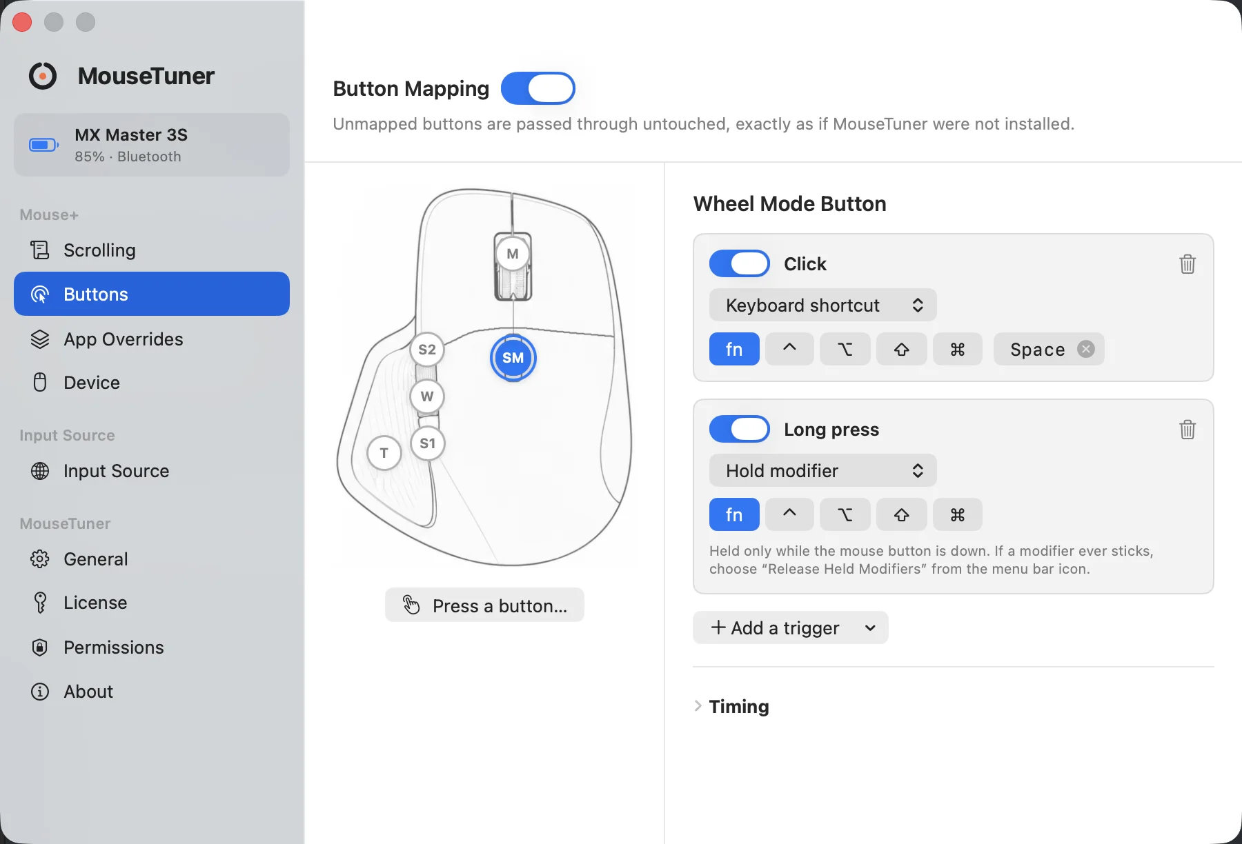 MouseTuner 的按键面板：标注了各个按键的 MX Master 示意图，一条单击映射到快捷键，一条长按映射到 Hold modifier。
